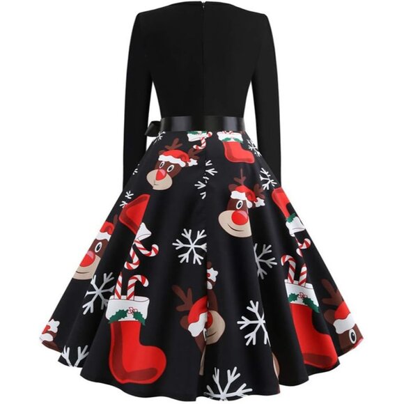 Women Reindeer Xmas Santa Claus Costumes Print Vintage Swing Casual Party Dress - Picture 4 of 7